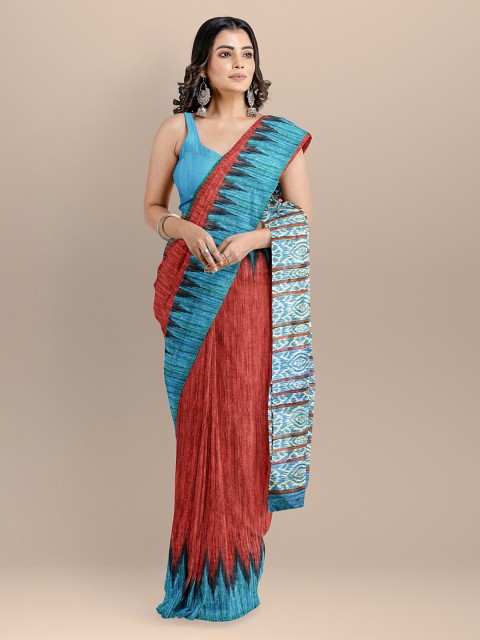 

BharatSthali Red & Blue Pure Silk Solid Sambalpuri Handloom Saree