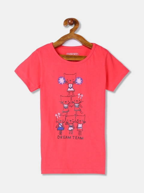 

Cherokee Girls Coral Pink Printed Round Neck T-shirt