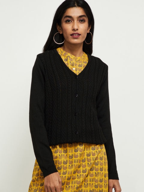 

max Women Black Self Design Cardigan Sweater