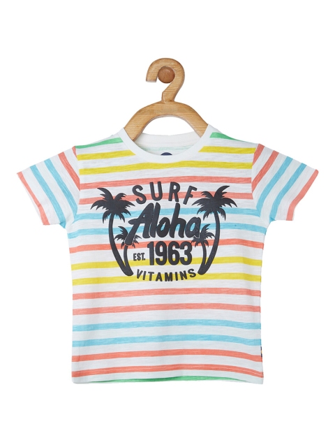 

VITAMINS Boys White & Blue Striped Round Neck Cotton T-shirt