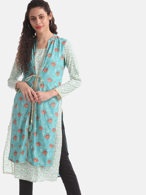 

Karigari Women Sea Green Printed A-Line Kurta