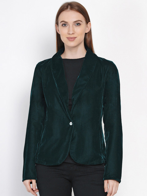 

FABNEST Women Green Solid Velvet Green Coat