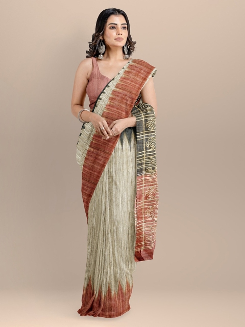 BharatSthali Beige Pure Silk Printed Handloom Sambalpuri Saree