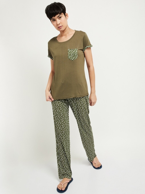 

max Women Olive Green & White Printed Night Suit