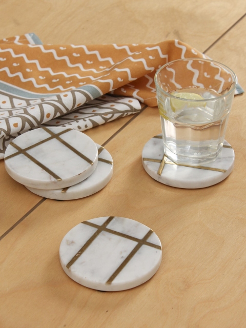 

House This Set Of 4 White & Gold-Toned Textured Marble & Brass Coasters