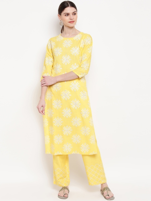 

Khushal K Women Yellow & Off-White Printed Kurta with Trousers