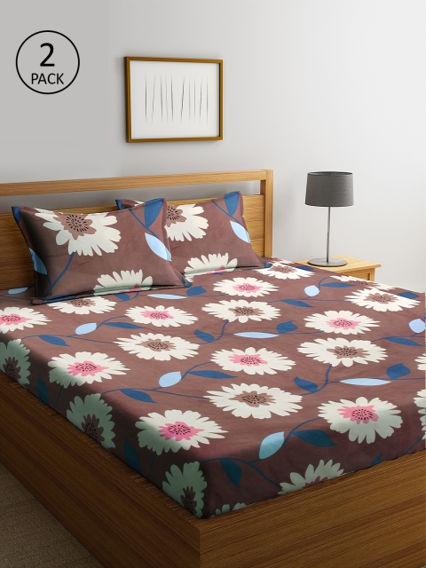 

KLOTTHE Brown & White Floral 210 TC Cotton 2 Double Bedsheet with 4 Pillow Covers