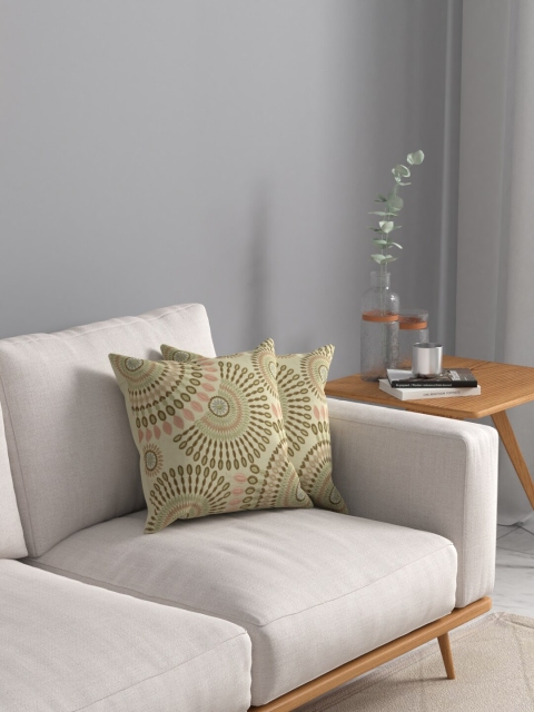 KRISVA Set Of 2 Beige & Olive Green Embroidered Square Cushion Covers