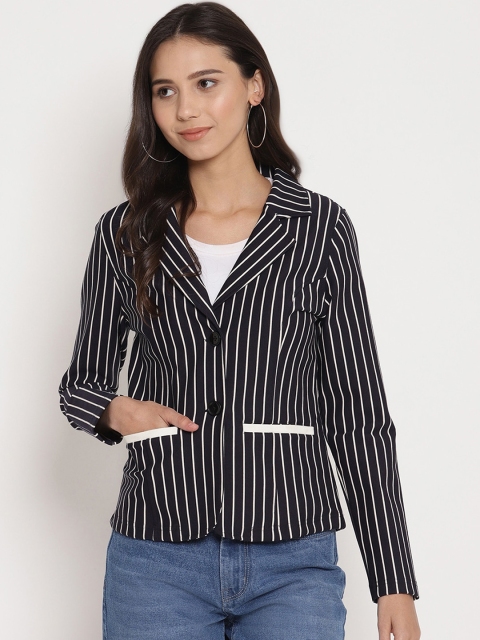 

FOSH Women Navy Blue & White Striped Tailored Jacket