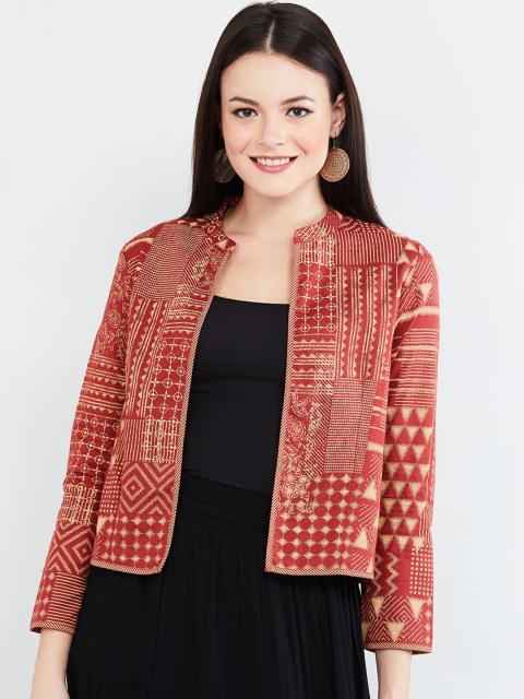 

max Women Red & Gold-Toned Printed Open Front Shrug