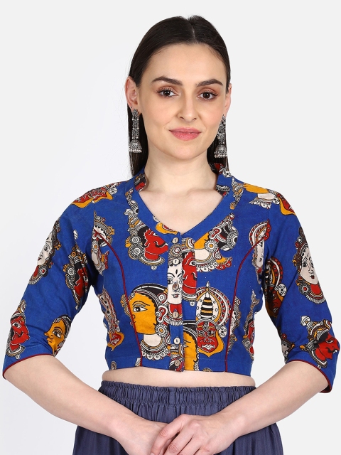 

THE WEAVE TRAVELLER Women Blue & Red Printed Kalamkari Sustainable Saree Blouse