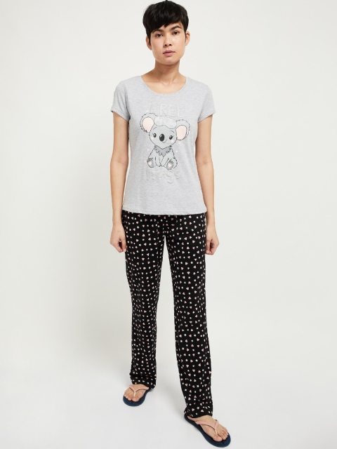 max Women Grey Melange & Black Printed Night Suit