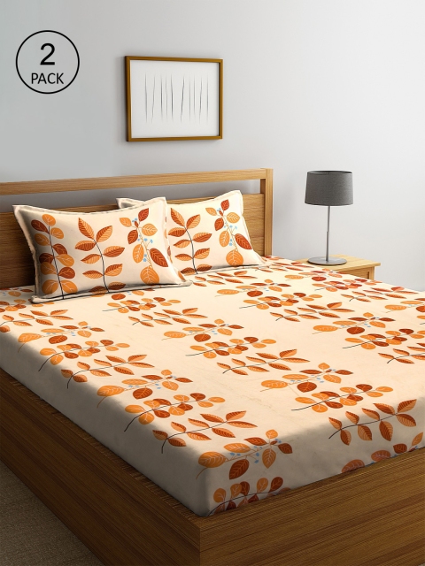 

KLOTTHE Cream-Coloured Floral 210 TC Cotton 2 Double Bedsheet with 4 Pillow Covers