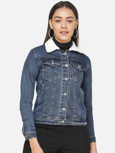 

DECHEN Women Blue Solid Denim Jacket