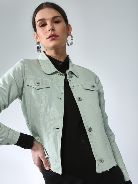 

Blue Saint Women Green Solid Lightweight Crop Denim Jacket