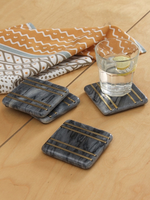 

House This Set Of 4 Grey & Gold-Toned Embellished Coasters