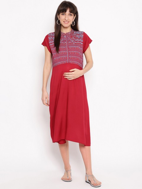 

The Vanca Women Maroon Embroidered A-Line Maternity Dress