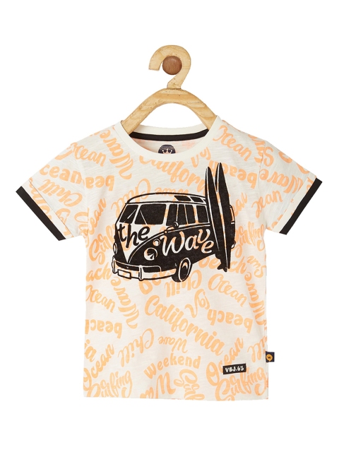 

VITAMINS Boys Orange & Off White Printed Round Neck T-shirt