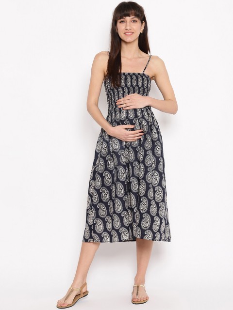 

The Vanca Women Navy Blue Printed Maternity Smocked A-Line Dress