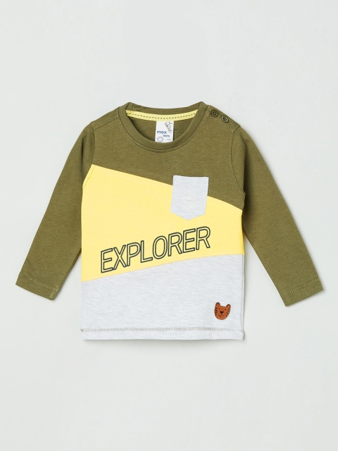 

max Boys Olive Green & Yellow Colourblocked Round Neck T-shirt