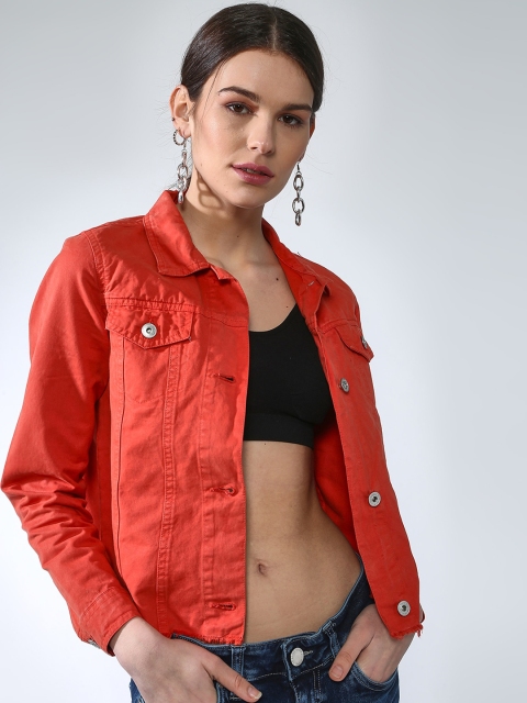 

Blue Saint Women Red Solid Lightweight Denim Crop Jacket
