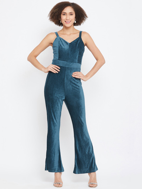 

Madame Women Teal Solid Basic Jumpsuit
