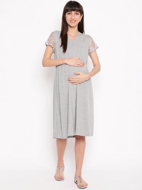 

The Vanca Women Grey Solid Maternity T-shirt Dress