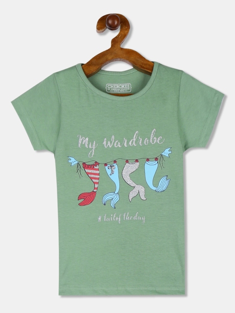 

Cherokee Girls Olive Green Printed Round Neck Cotton T-shirt