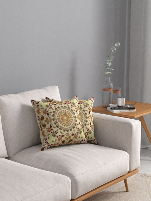 

KRISVA Beige & Green Set of Single Embroidered Square Cushion Covers