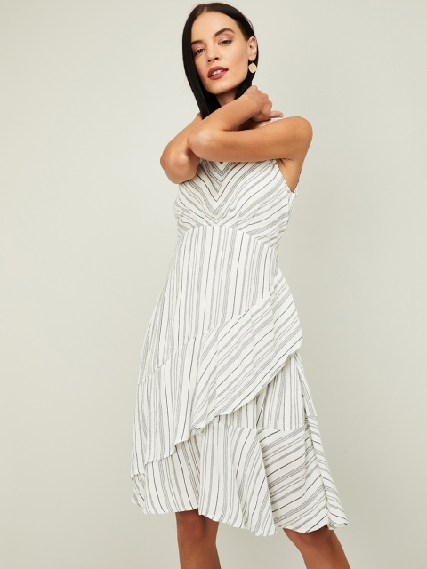 CODE by Lifestyle Women White Striped Fit and Flare Dress