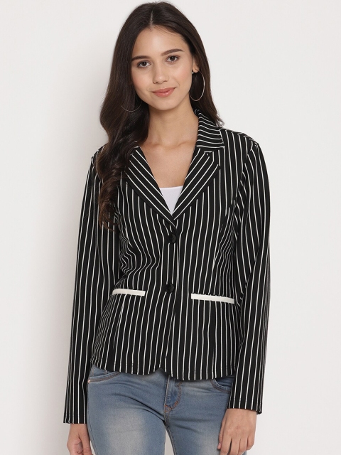

FOSH Women Black & White Striped Tailored Jacket