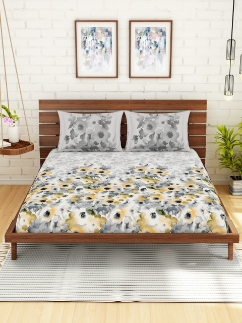 

SPACES Grey & Yellow Floral 144 TC Cotton 1 King Bedsheet with 2 Pillow Covers
