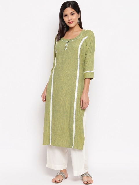 

Ashnaina Women Green Woven Design Straight Kurta