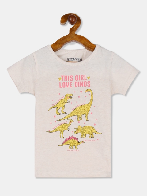 

Cherokee Girls Beige Printed Round Neck T-shirt