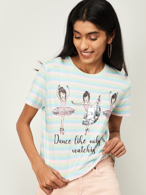 

Ginger by Lifestyle Women Blue & WHite Printed Round Neck T-shirt