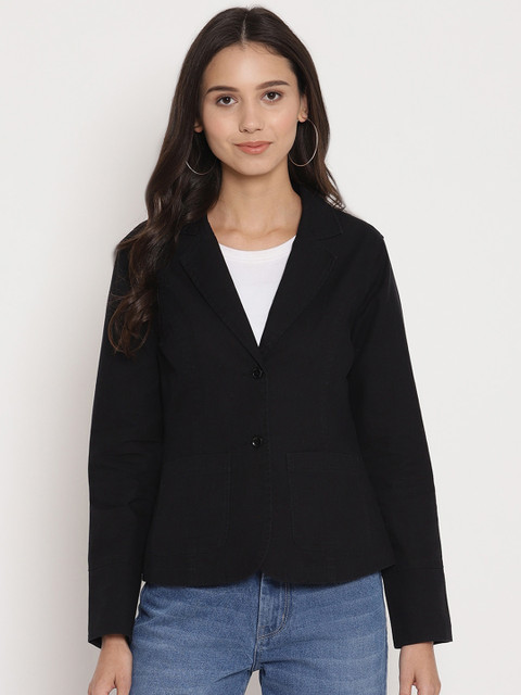 

FOSH Women Black Solid Cotton Tailored Jacket