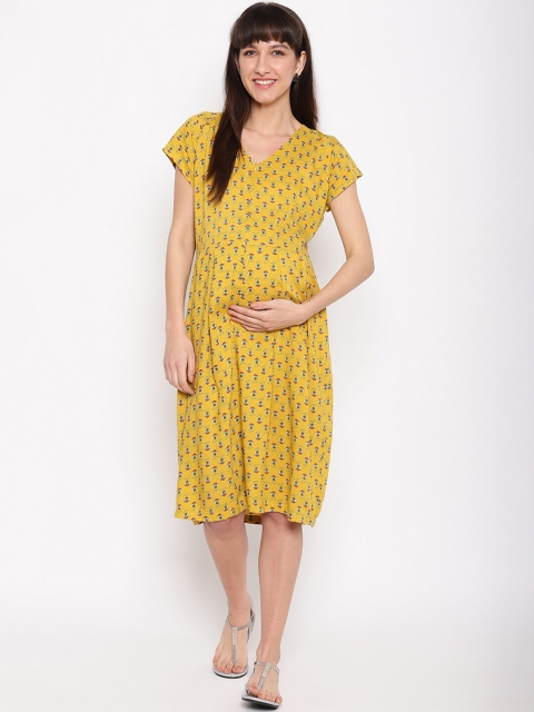 

The Vanca Women Yellow Printed A-Line Maternity Dress