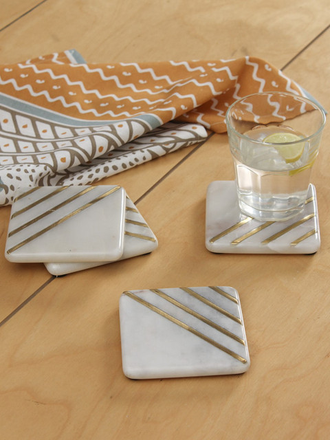 

House This Set Of 4 White & Gold-Toned Striped Marble Coasters