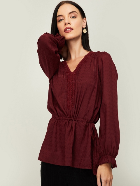 

CODE by Lifestyle Women Burgundy Self Design Cinched Waist Top