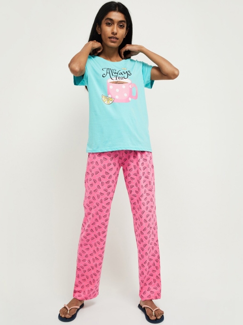 

max Women Blue & Pink Printed Night suit