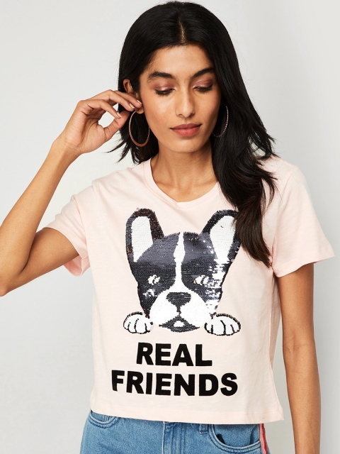 

Ginger by Lifestyle Women Pink Printed Round Neck T-shirt