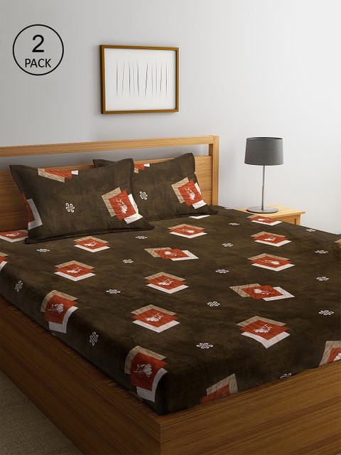 

KLOTTHE Set Of 2 Brown Geometric 210 TC Cotton King Bedsheets with 4 Pillow Covers