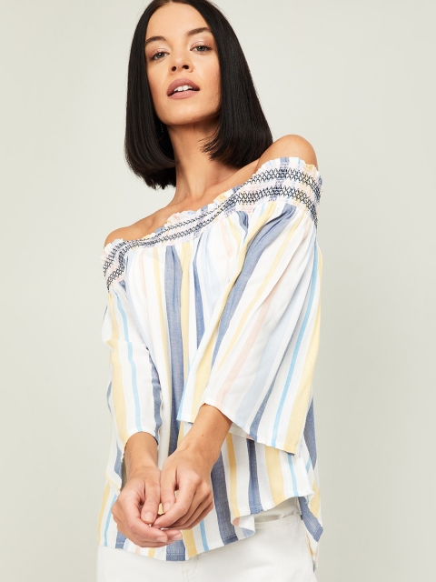 

Fame Forever by Lifestyle Women White Striped Bardot Top