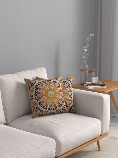 

KRISVA Beige & Orange Set of Single Embroidered Square Cushion Covers