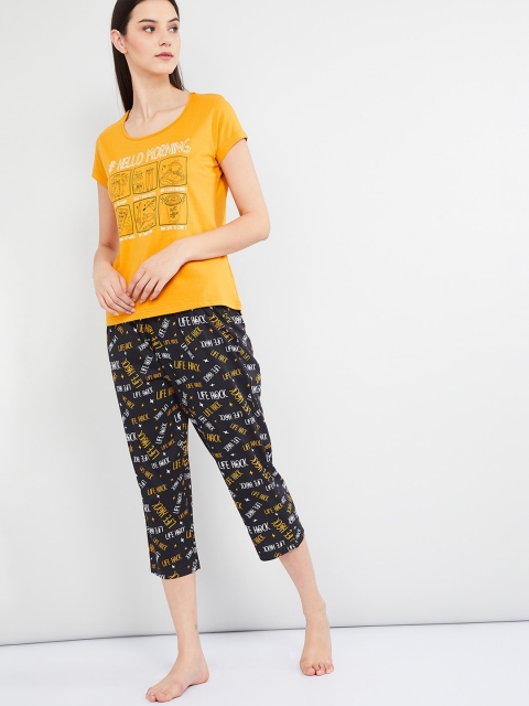 max Women Mustard Yellow & Black Printed Night Suit