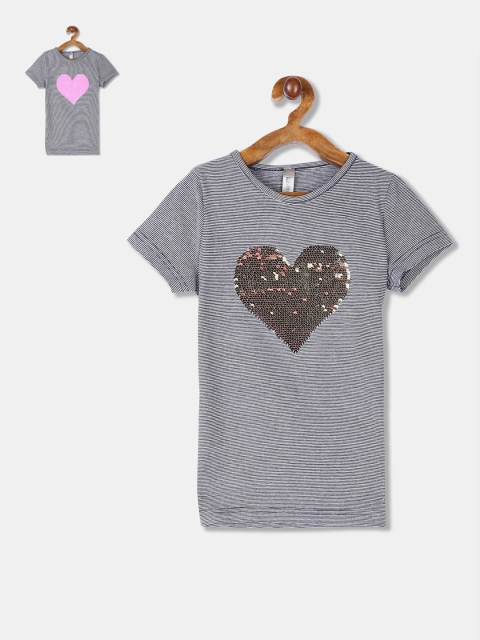 

Cherokee Girls Grey & White Striped Flip Sequin Ornamented Round Neck T-shirt