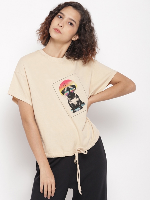 

LA LOFT Women Beige Printed Round Neck T-shirt