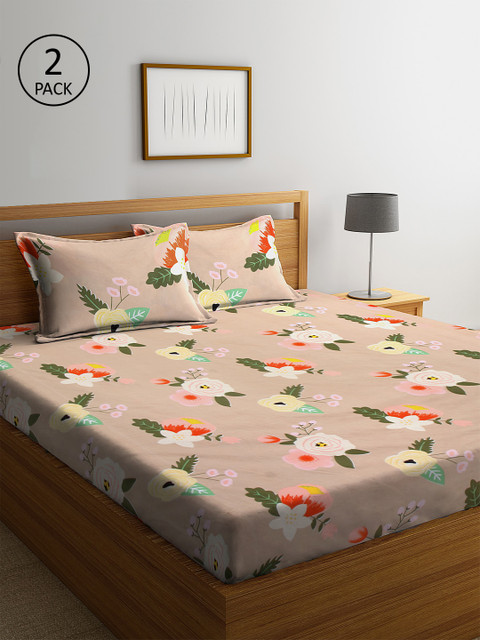 

KLOTTHE Beige Floral 210 TC Cotton 2 King Bedsheet with 4 Pillow Covers