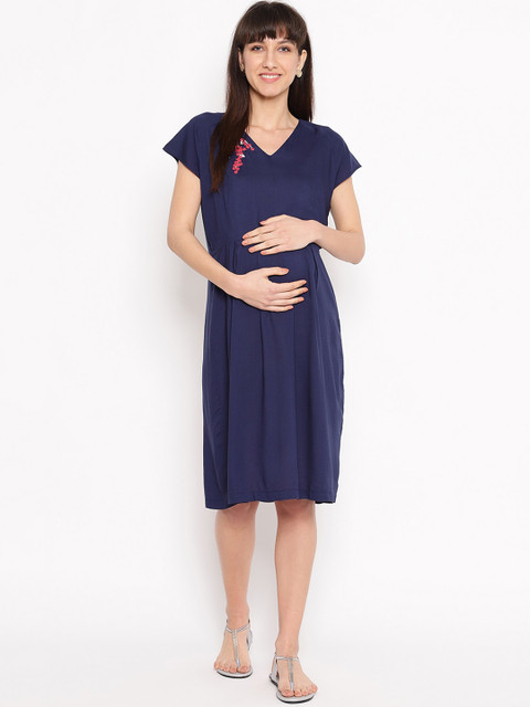 

The Vanca Women Navy Blue Solid A-Line Maternity Dress