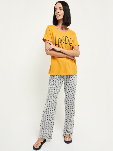 

max Women Mustard Yellow & Grey Printed Night Suit